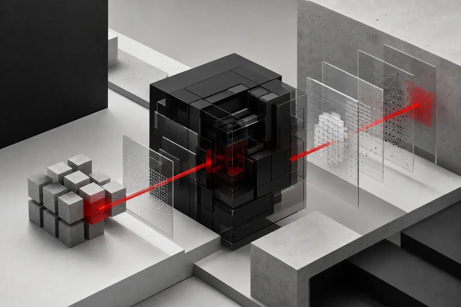 Abstract artificial intelligence visual with a layered black model, data blocks, and red signal path
