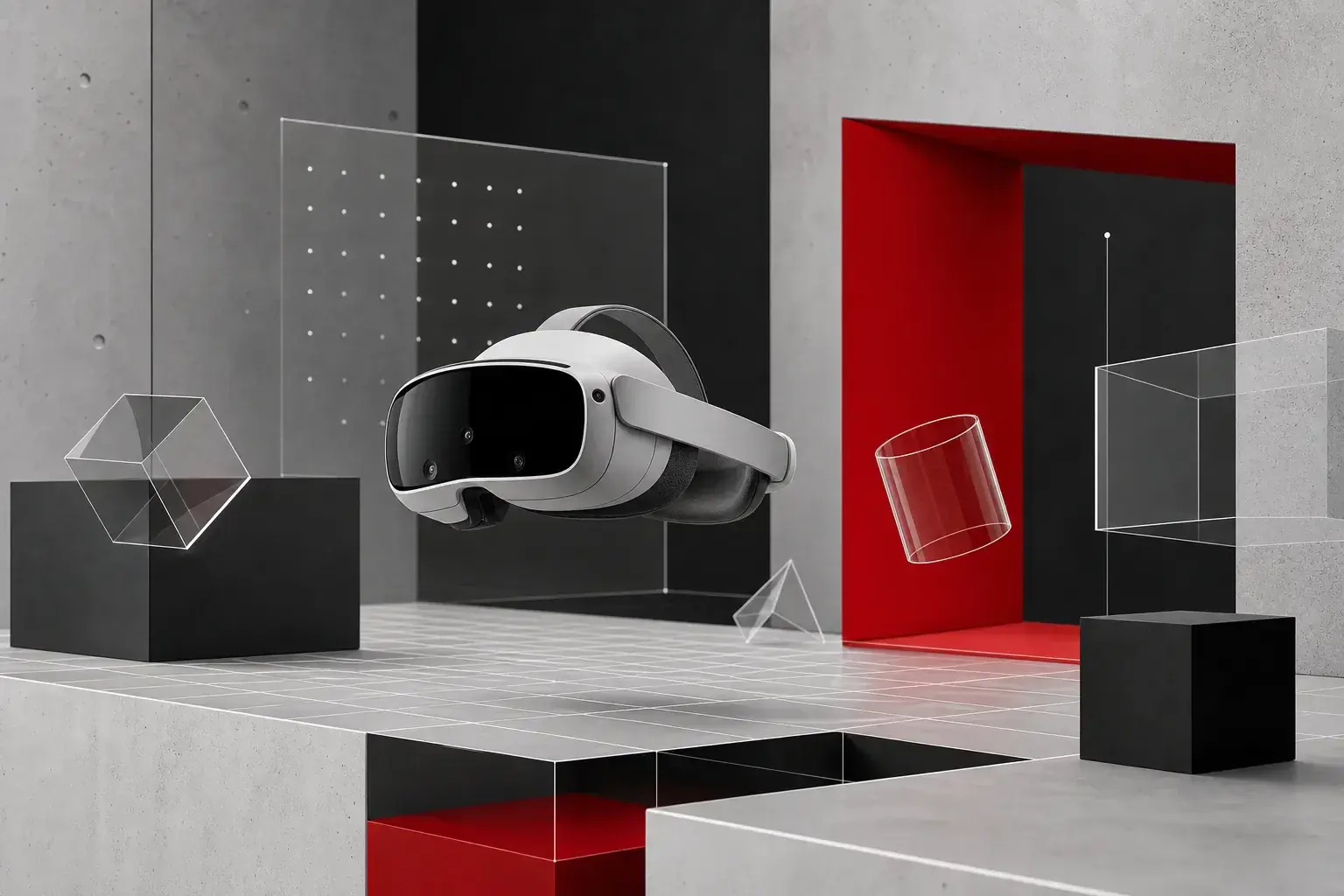Abstract extended reality visual with a headset, transparent forms, and a red architectural portal