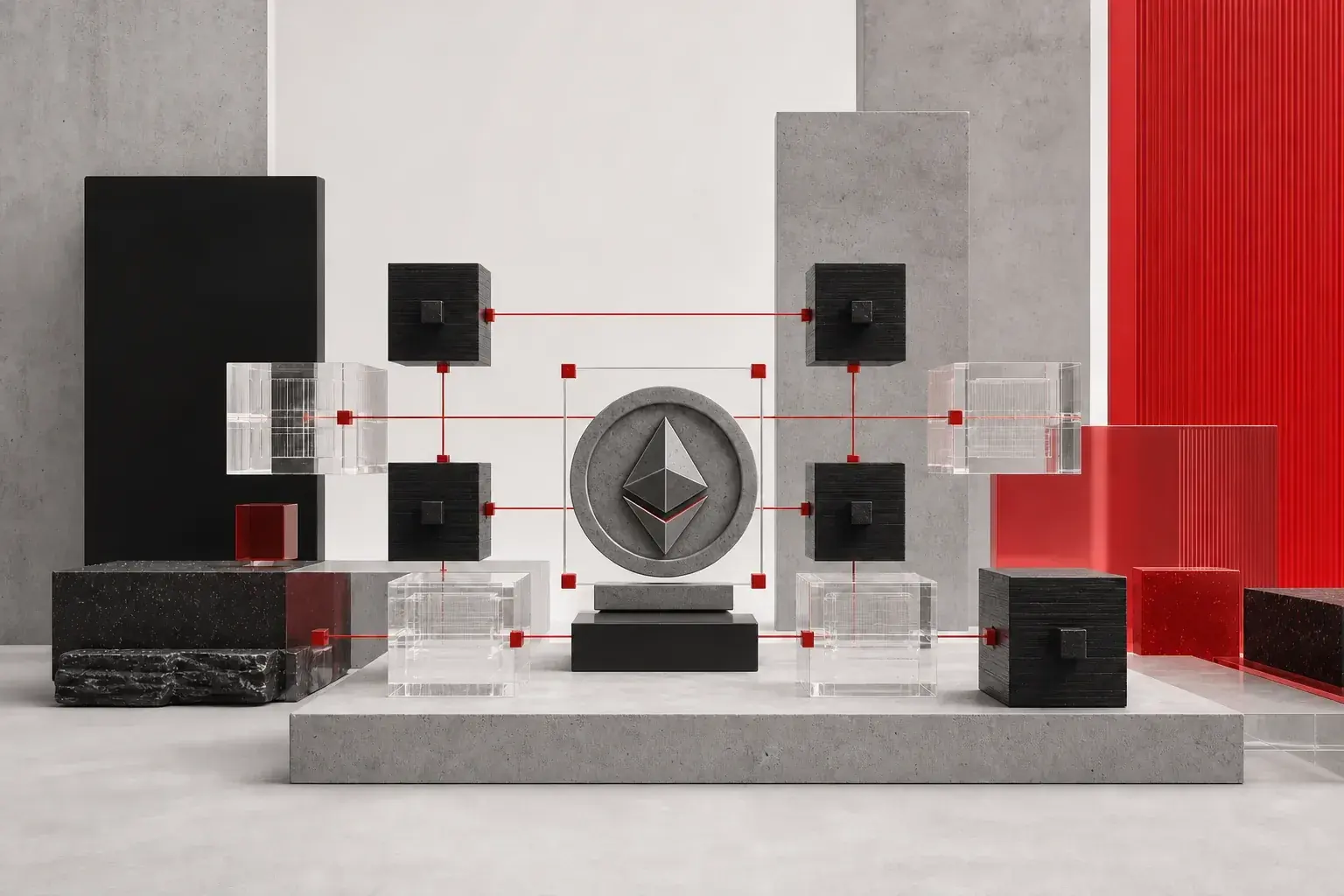 Abstract blockchain visual with connected blocks, transparent nodes, red signal lines, and a faceted Ethereum icon at the center