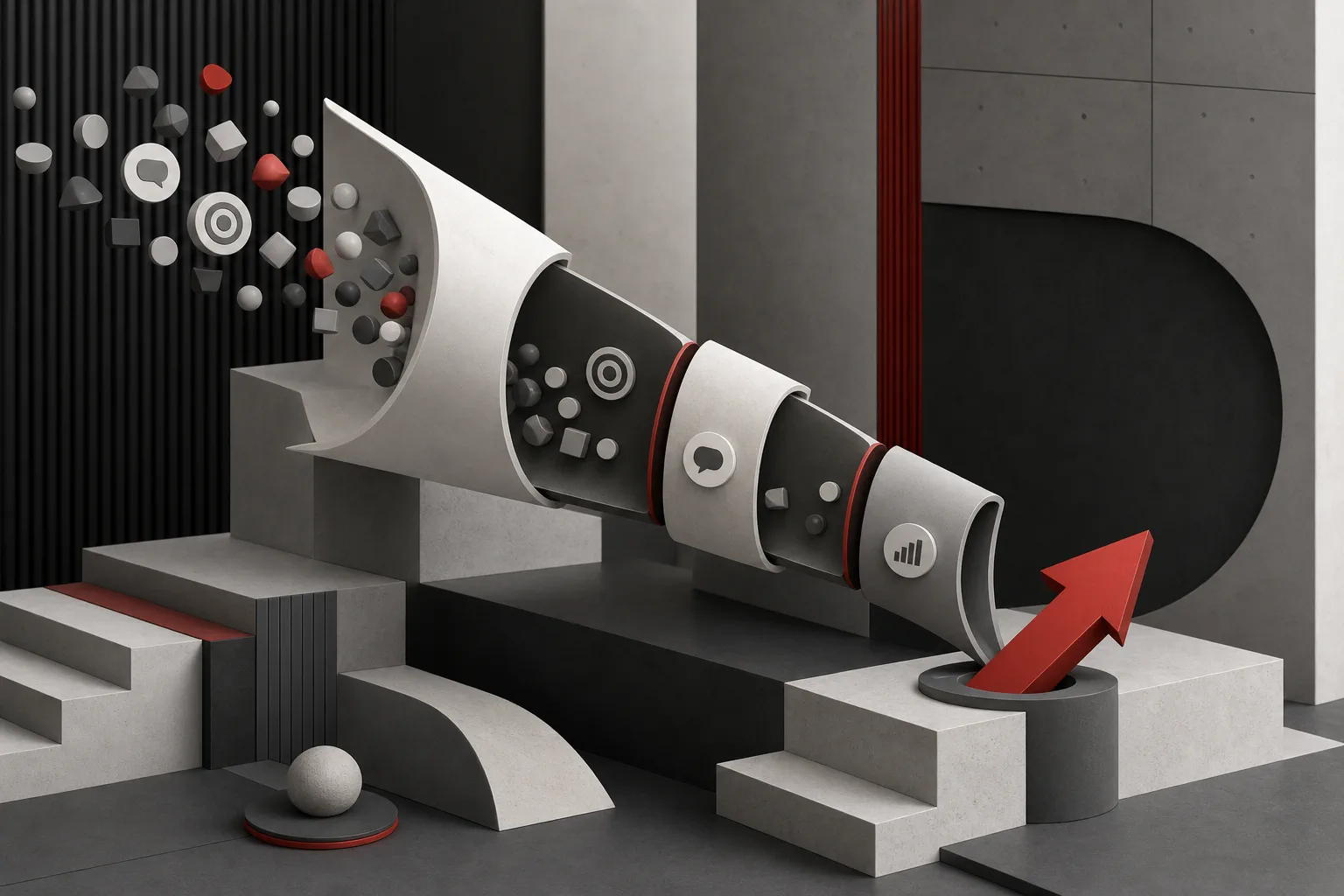 Abstract digital marketing funnel with signals narrowing toward a red growth arrow