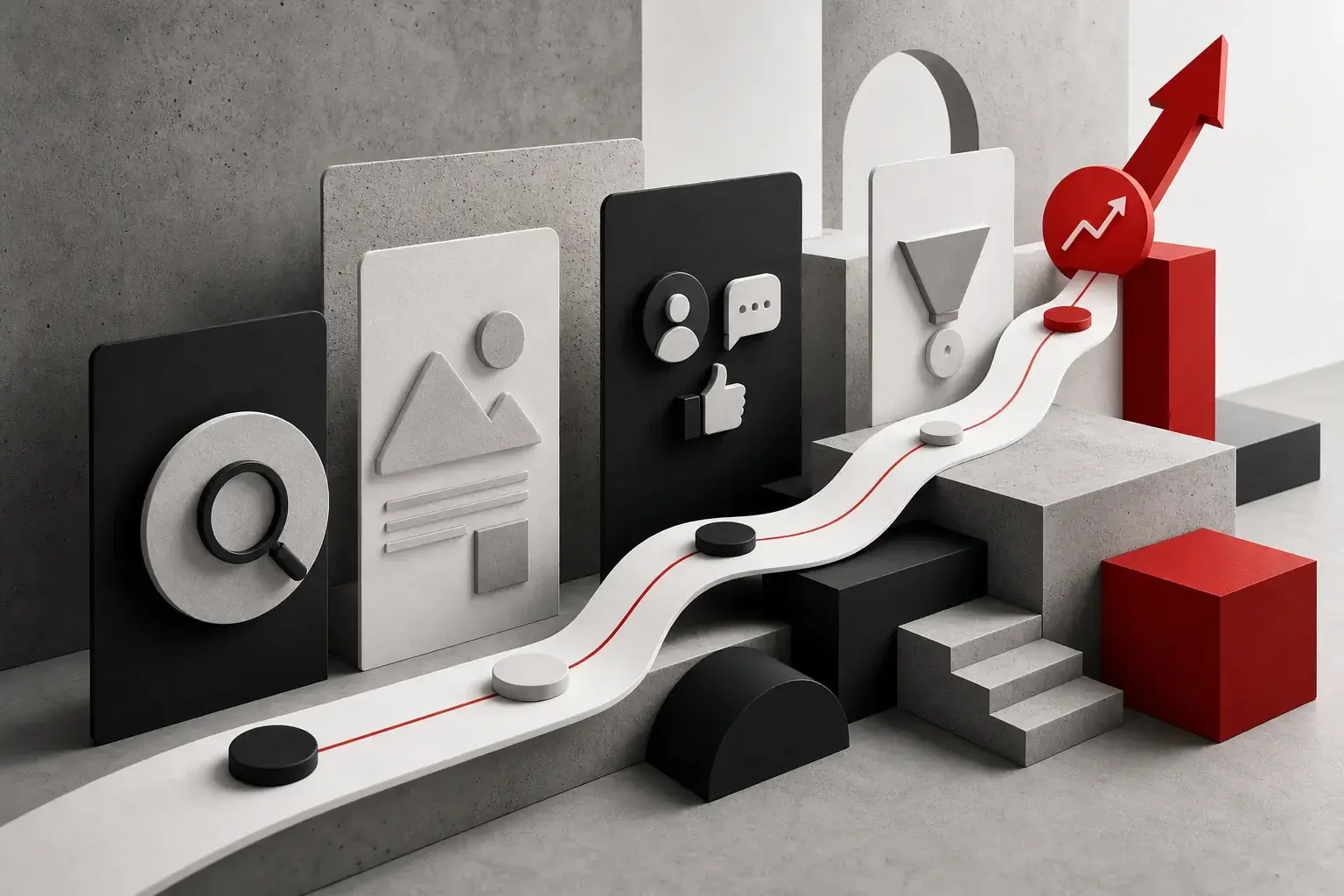 Abstract digital marketing visual with content panels, a conversion path, and red growth signal