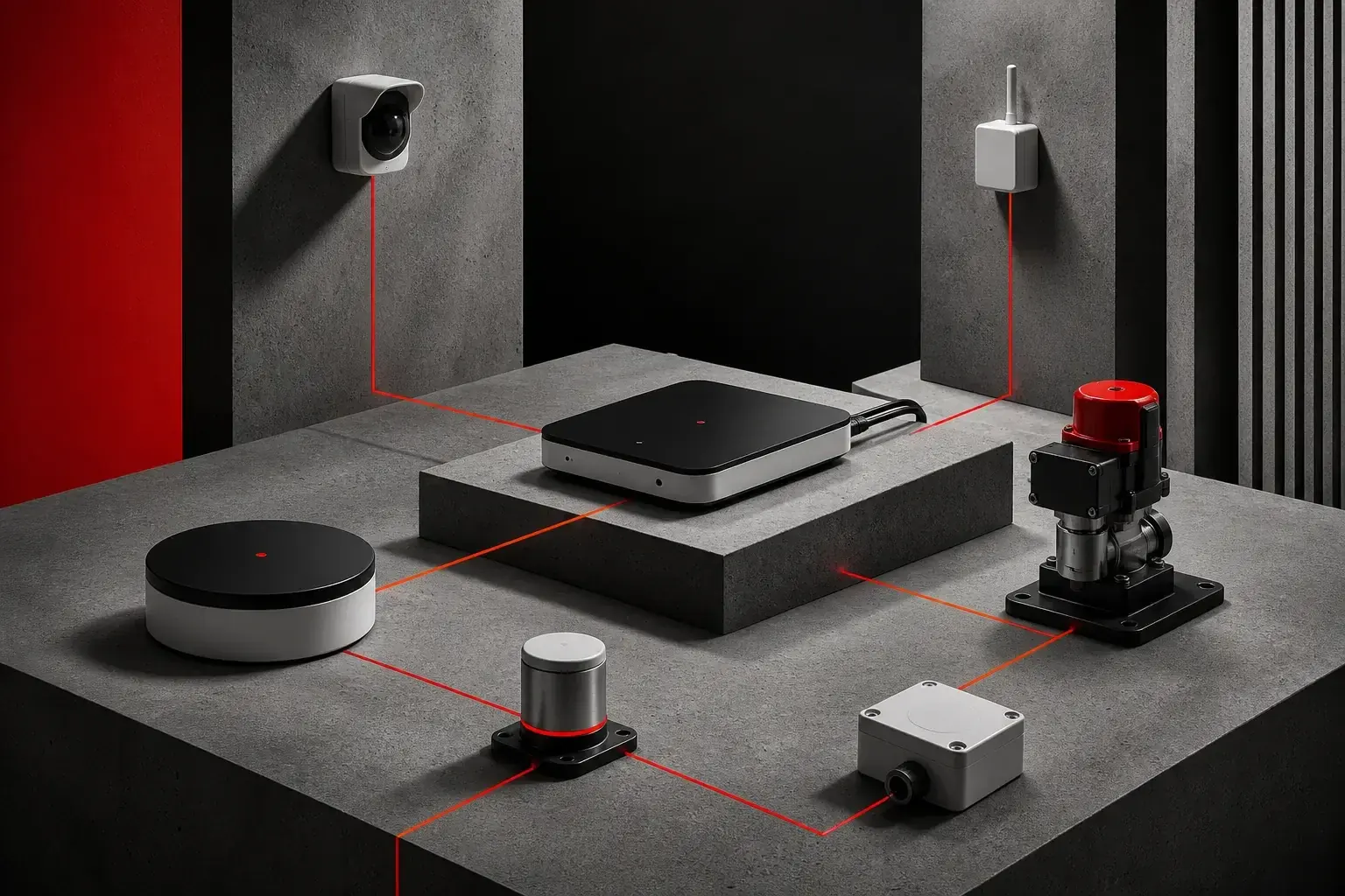 Abstract Internet of Things visual with connected sensors, a central hub, and red data lines