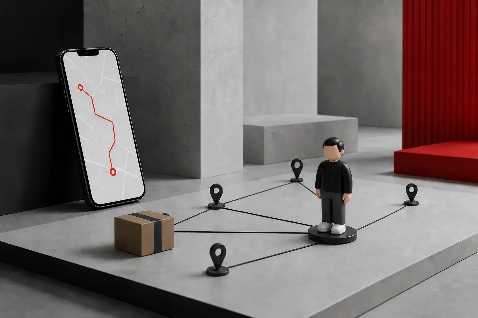On-demand mobility visual with a phone, route markers, parcel, and connected car