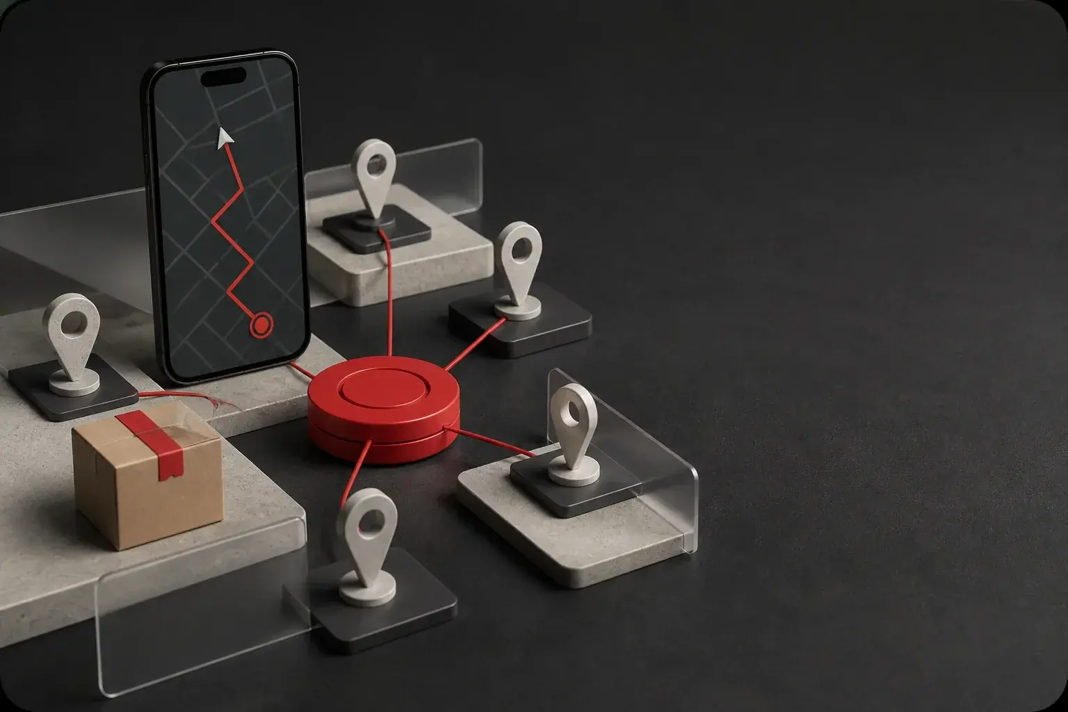 On-demand dispatch system with a phone, parcel, service nodes, and a red routing hub