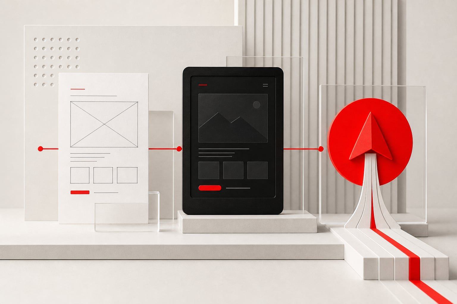 Abstract product journey with a mobile interface, wireframes, and red launch signal