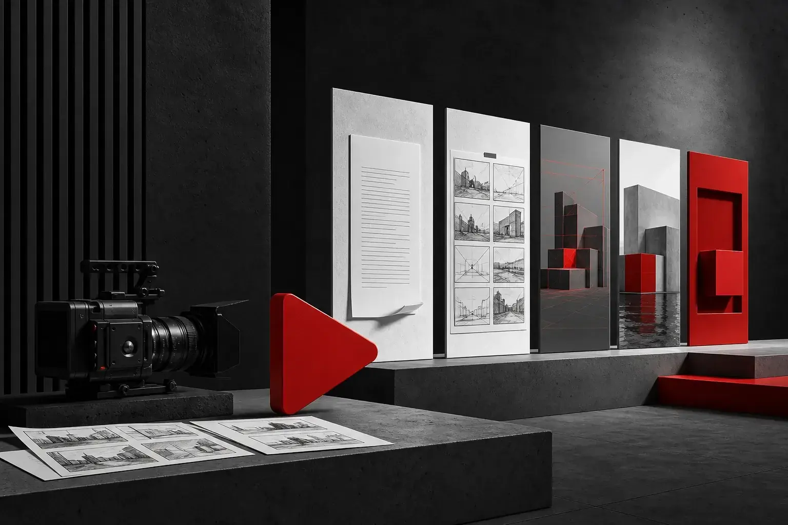 Abstract visual works studio with a cinema camera, storyboard panels, and a red play marker