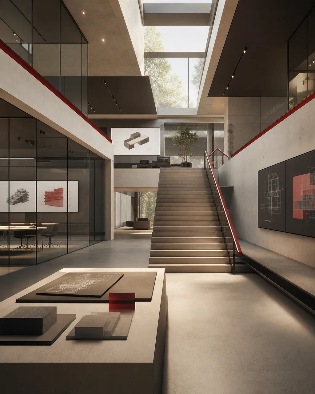 Modern VirtueSense-style corporate product studio interior with a central staircase and red architectural accents
